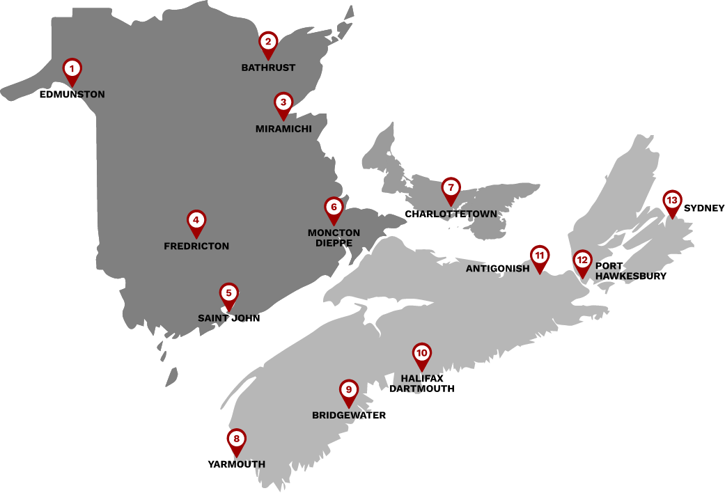 A map of Atlantic Canada, With 13 different pins locating the areas where Brunswick Lift Rentals serve.